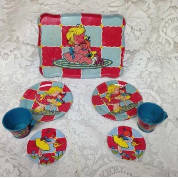 1950 Ohio Art, Girl with Dolly, 7-pc Child’s Tin Tea Set